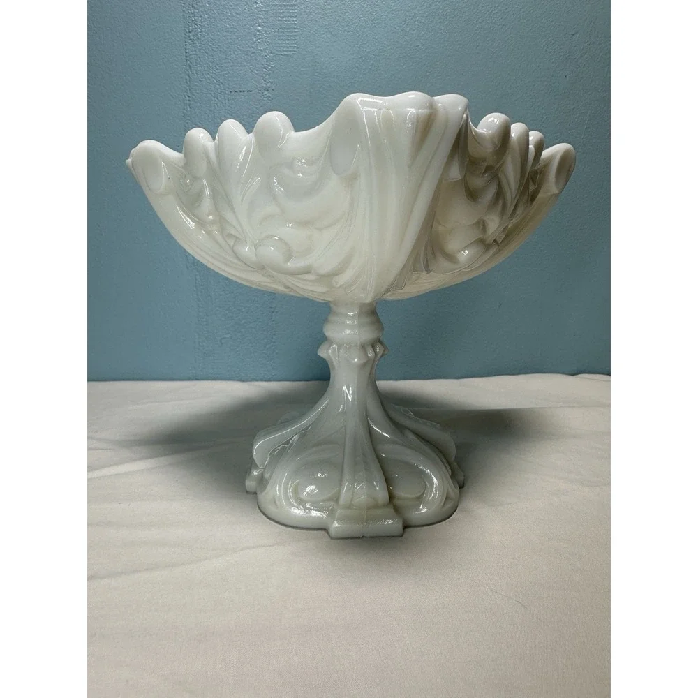 Vintage Portieux Vallerysthal French White Milk Glass Scrolled Compote Dish